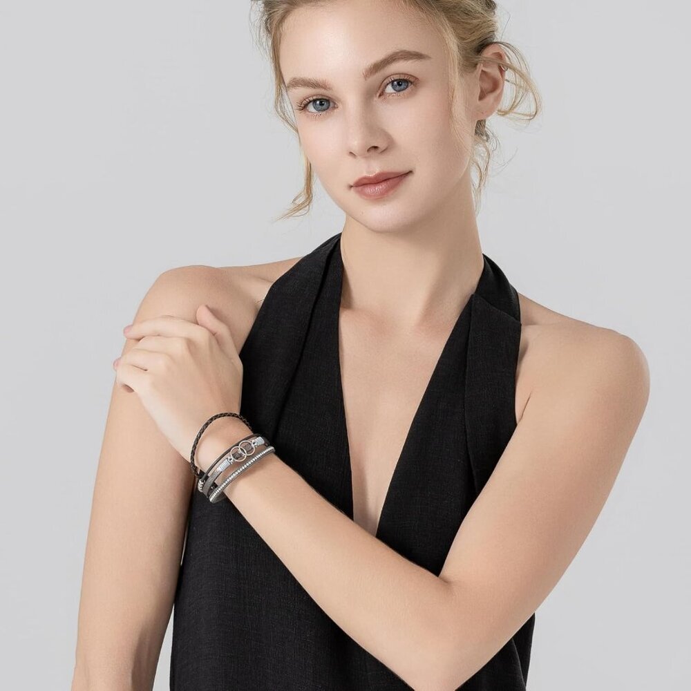 Leather Cuff Bangle Beaded Stackable Infinity Jew… - image 4